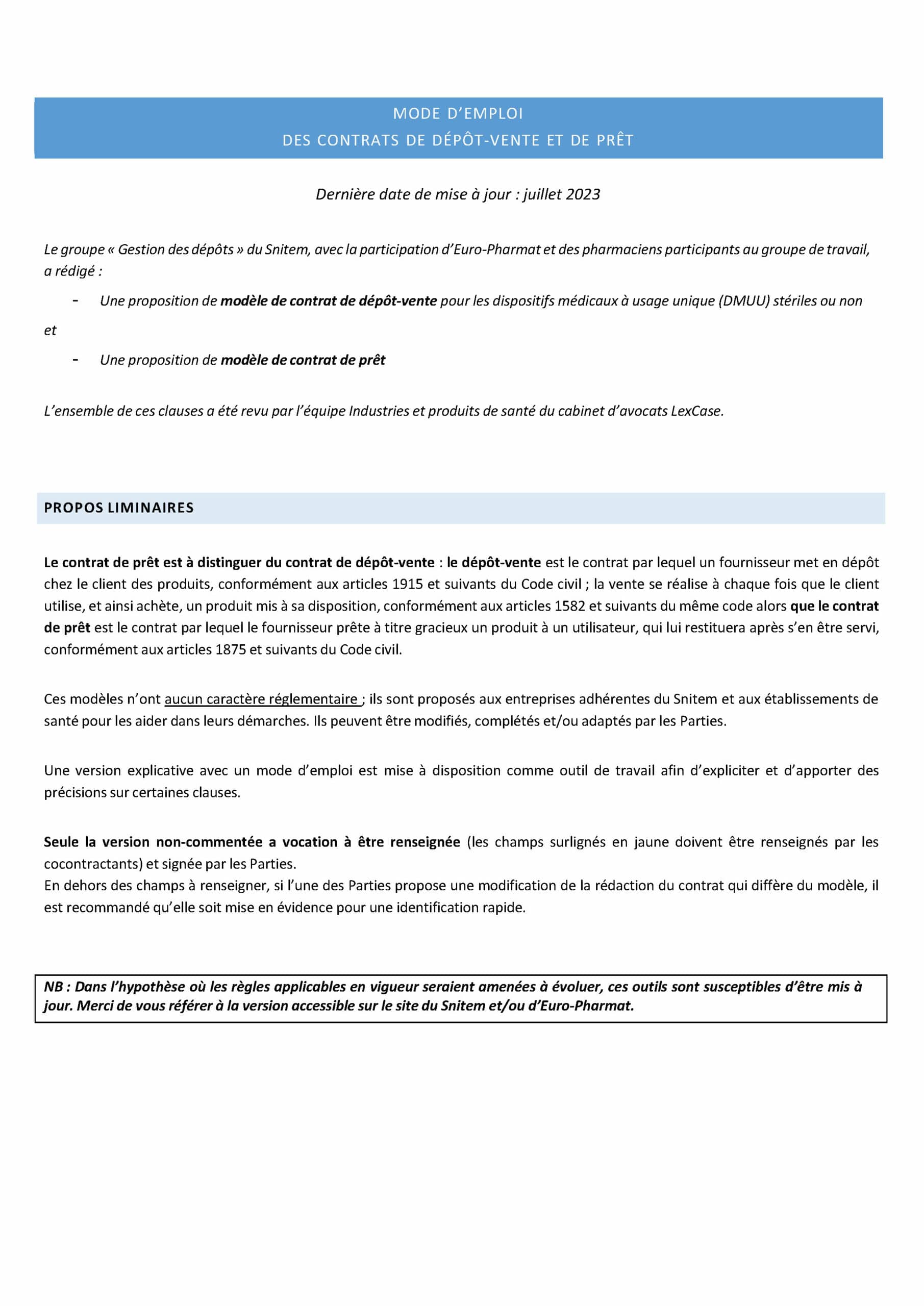 MAJ juillet 2023 - Modèles de contrats de dépôt-vente et de prêt